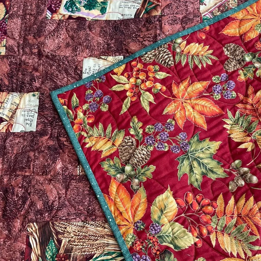Handmade Harvest Lap Quilt Split Rail Greens & Browns Fall Leaf Berries  43 x 52